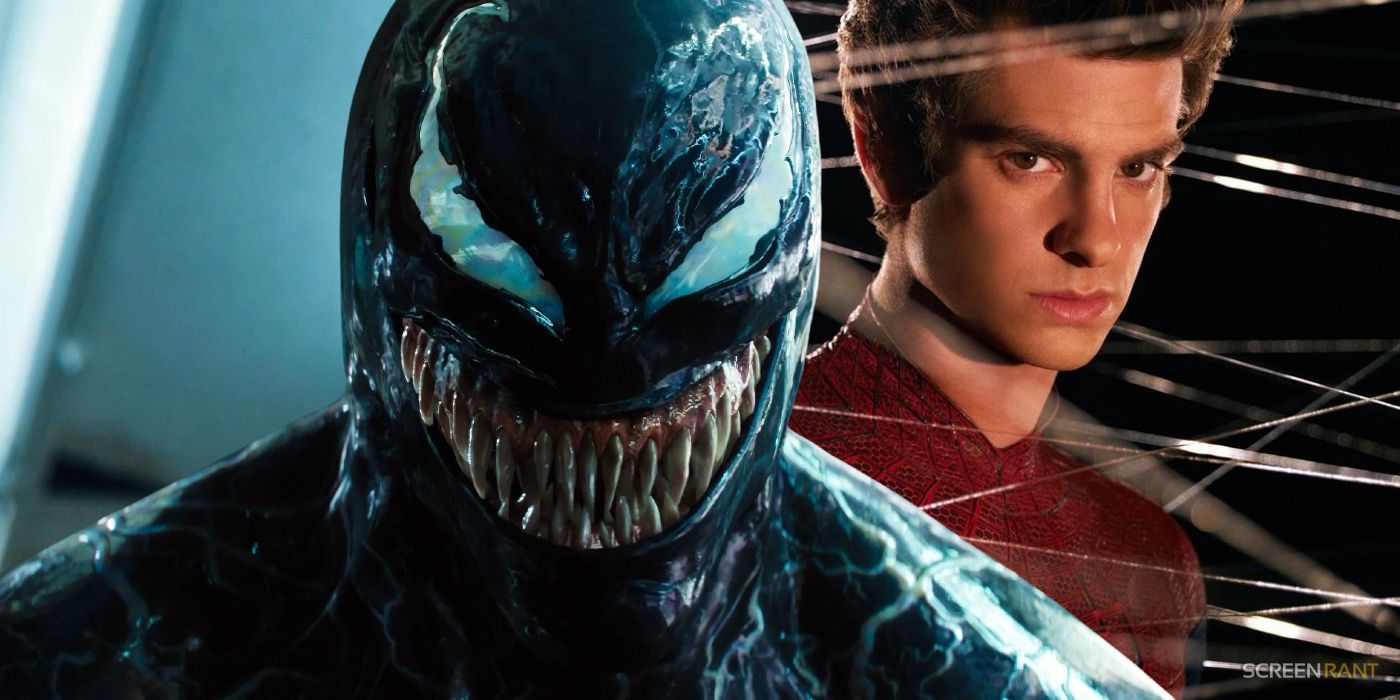 Tom Hardy's Venom smiling creepily with Andrew Garfield's Spider-Man looking serious behind him