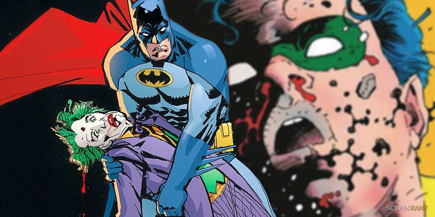 Comic book art: Batman holding Joker with a blurred image of Robin Jason Todd behind them.
