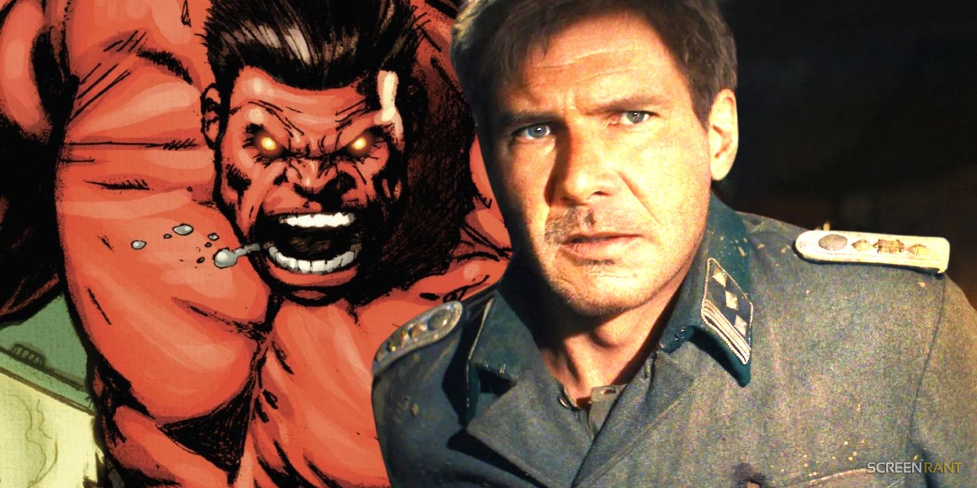 The Red Hulk from Marvel Comics with a concerned Harrison Ford looking at something in the distance