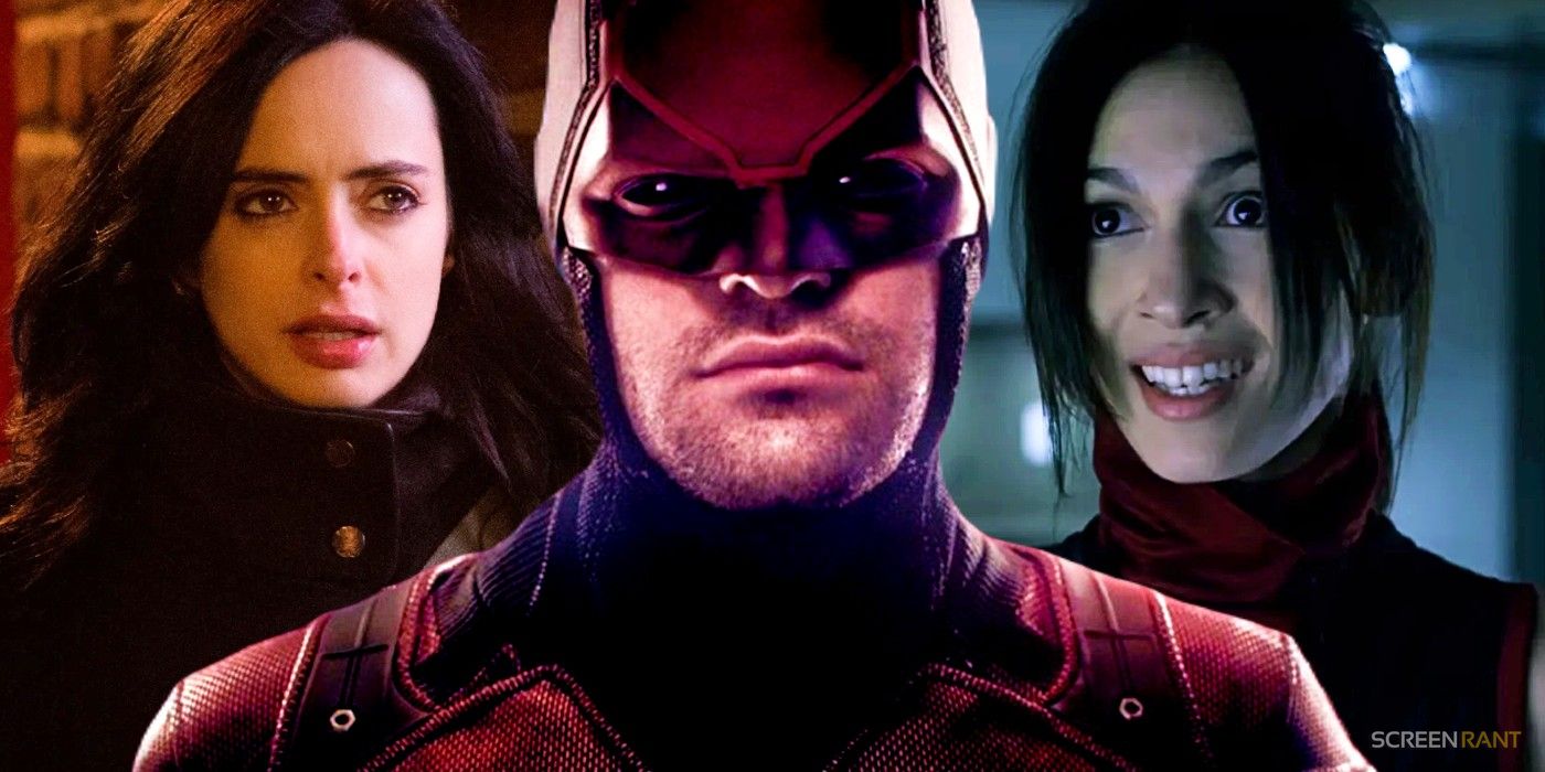 Charlie Cox's Daredevil with Krysten Ritter's Jessica Jones and Elodie Yung's Elektra at each side