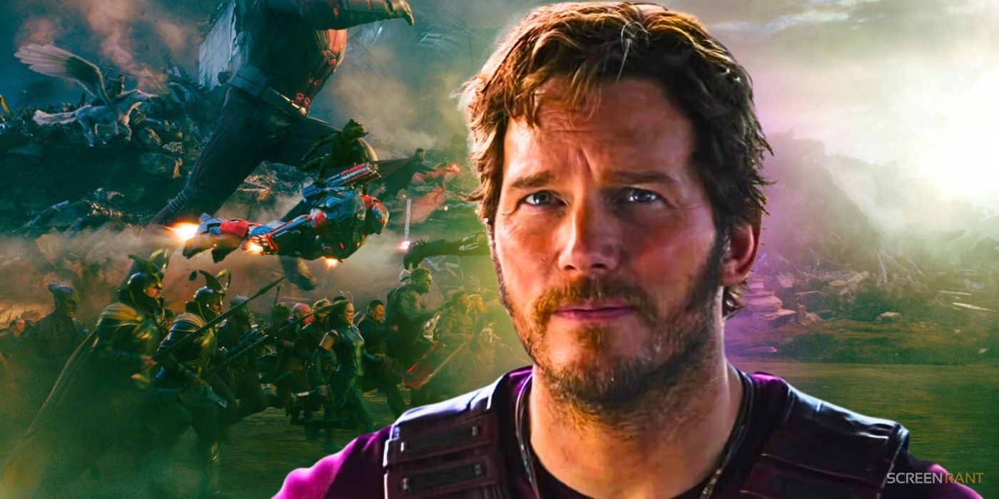 Chris Pratt's Star-Lord in Thor: Love and Thunder in front of the final battle from Avengers: Endgame