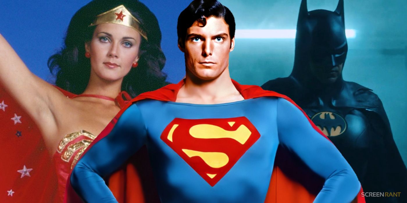 Lynda Carter as Wonder Woman, with Christopher Reeve as Superman and Michael Keaton as Batman next to her