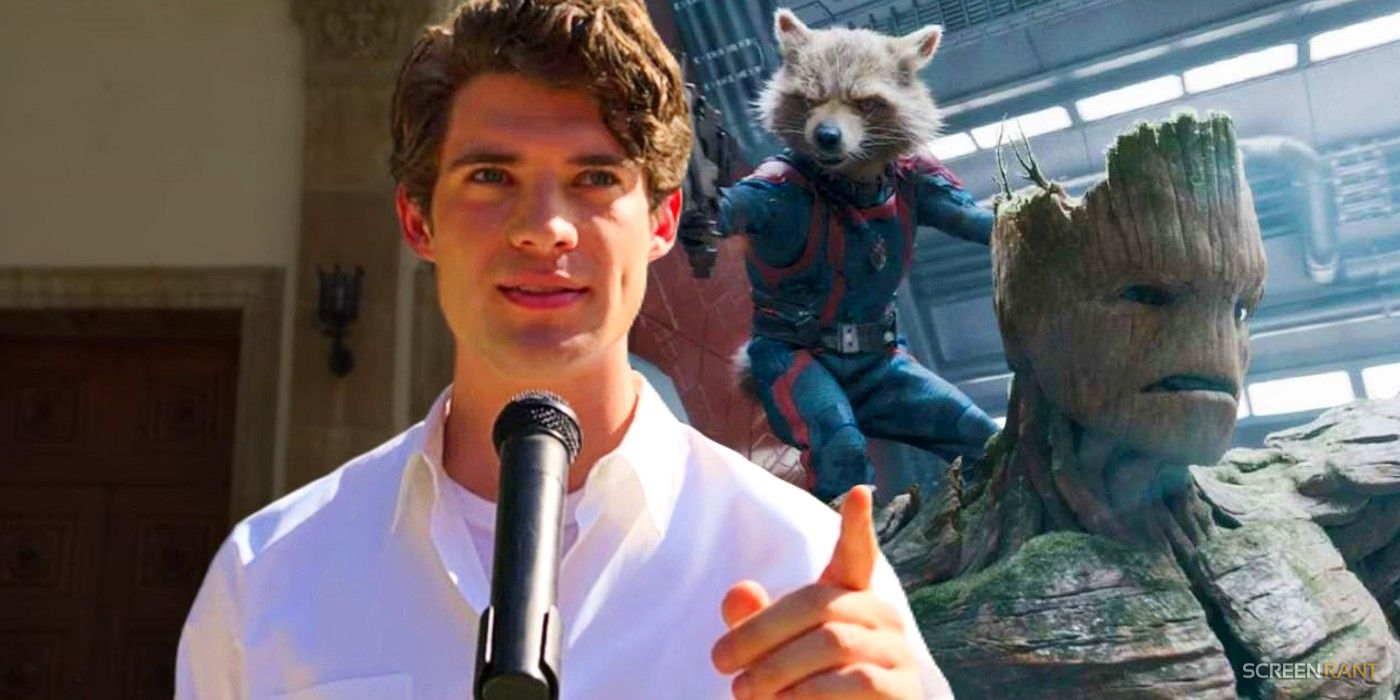 David Corenswet in The Politician pointing to Rocket and Groot in Guardians of the Galaxy Vol. 3