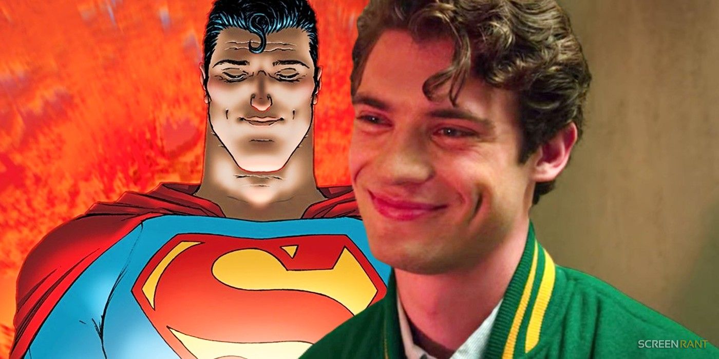 David Corenswet sorrindo em The Politician (2019) e uma capa do All-Star Superman da DC Comics