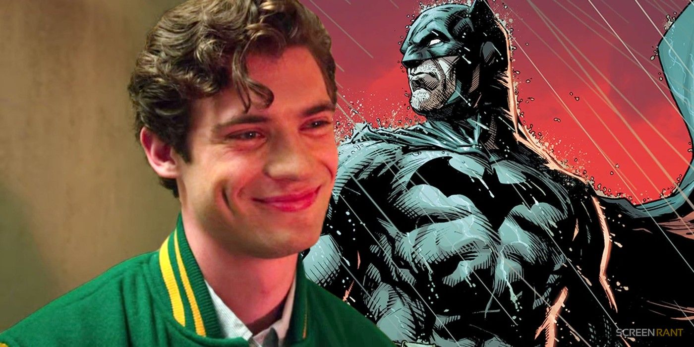 David Corenswet smiling in The Politican (2019) and Batman standing in the rain in DC Comics