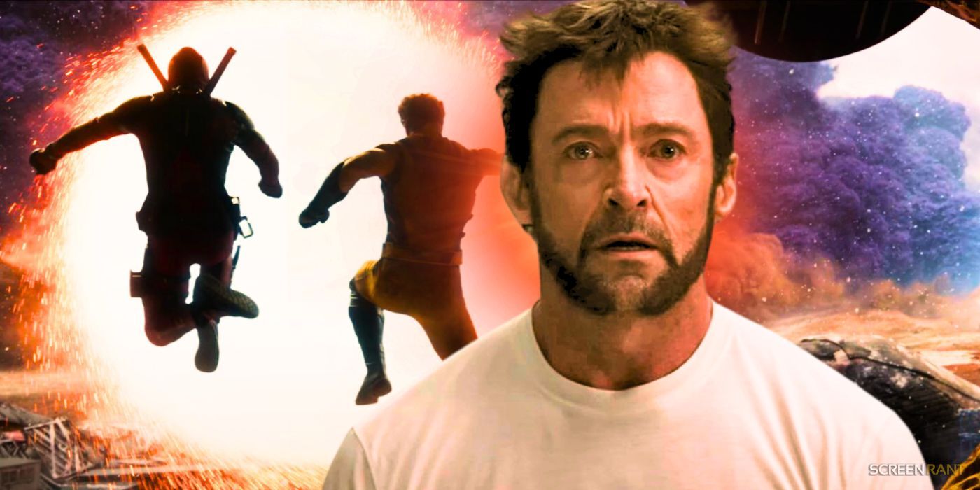Deadpool and Wolverine jumping through a portal and Hugh Jackman's Logan looking in disbelief in the Deadpool & Wolverine trailer