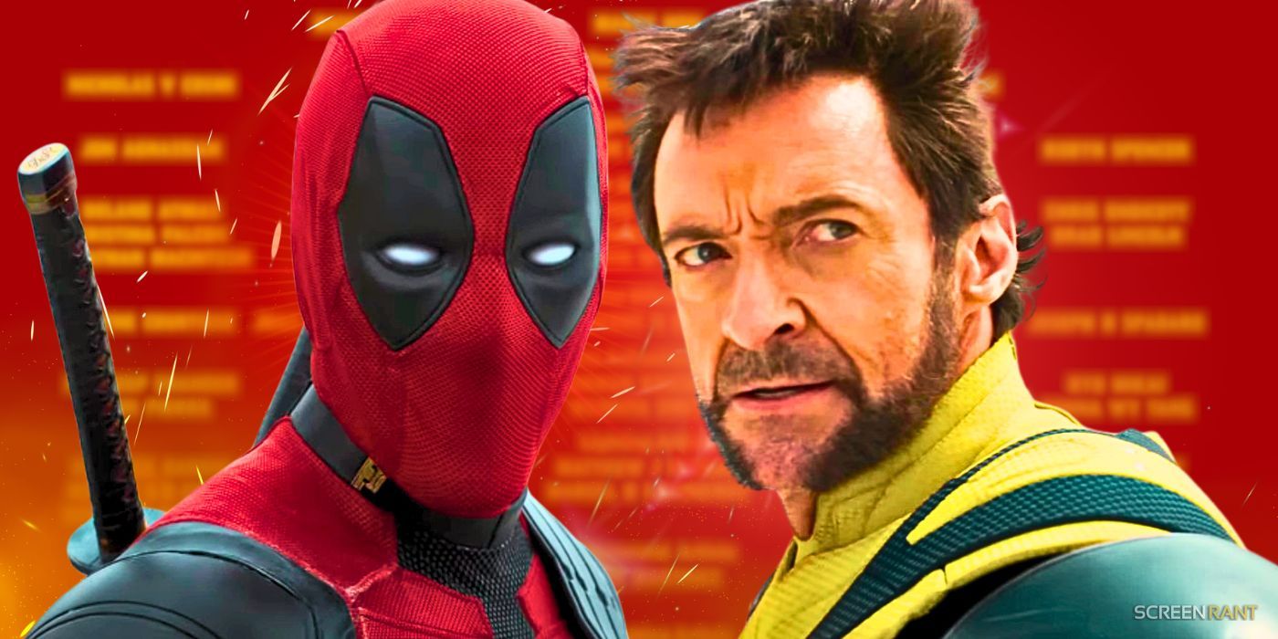 Ryan Reynolds' Deadpool and Hugh Jackman's Wolverine in Marvel Studios' Deadpool and Wolverine with end credits rolling behind them with a red hue