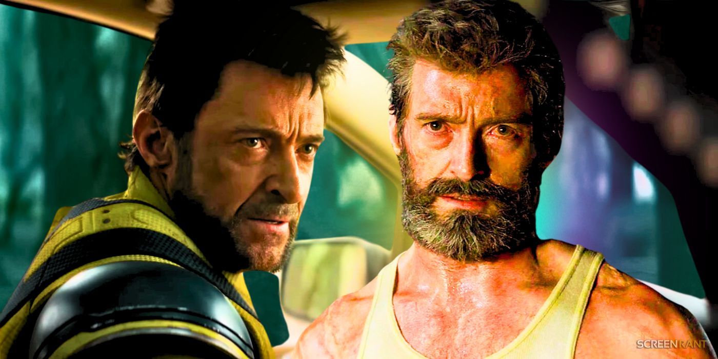 Foto de Deadpool e Wolverine de Hugh Jackman com o traje amarelo e azul de Wolverine parecendo zangado e o ator como um Wolverine mais velho em Logan (2017)