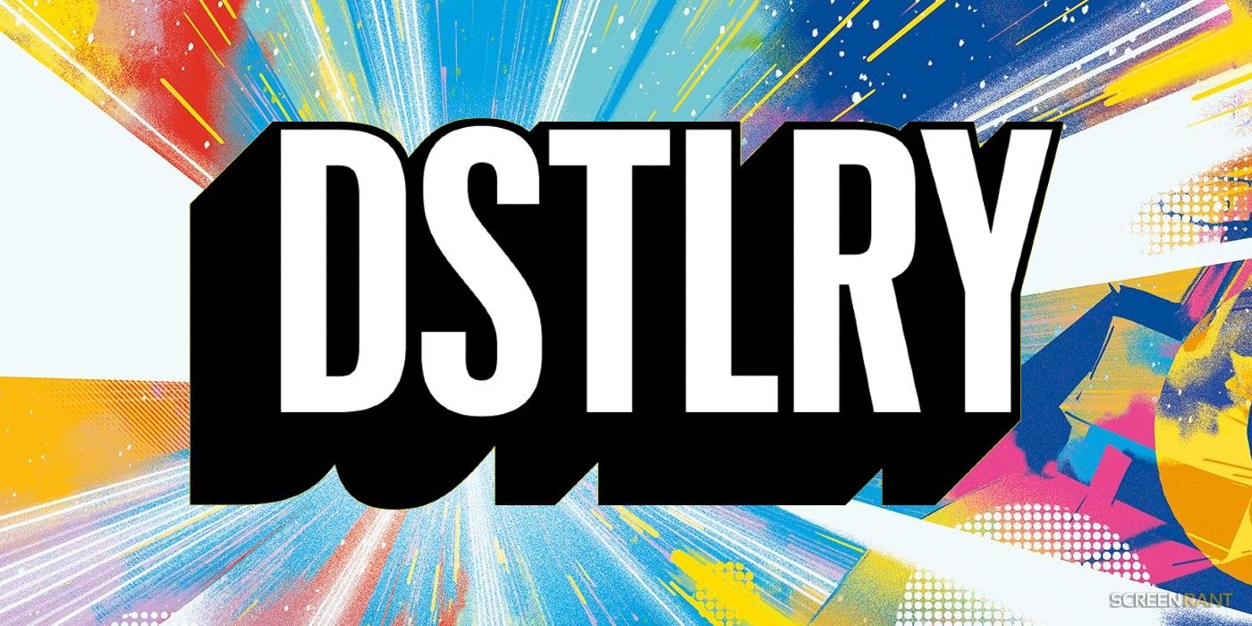 DSTLRY Logo in block letters over a streaky colorful background.