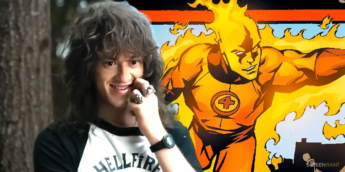 Joseph Quinn looking amused from Stranger Things with Human Torch flying behind him