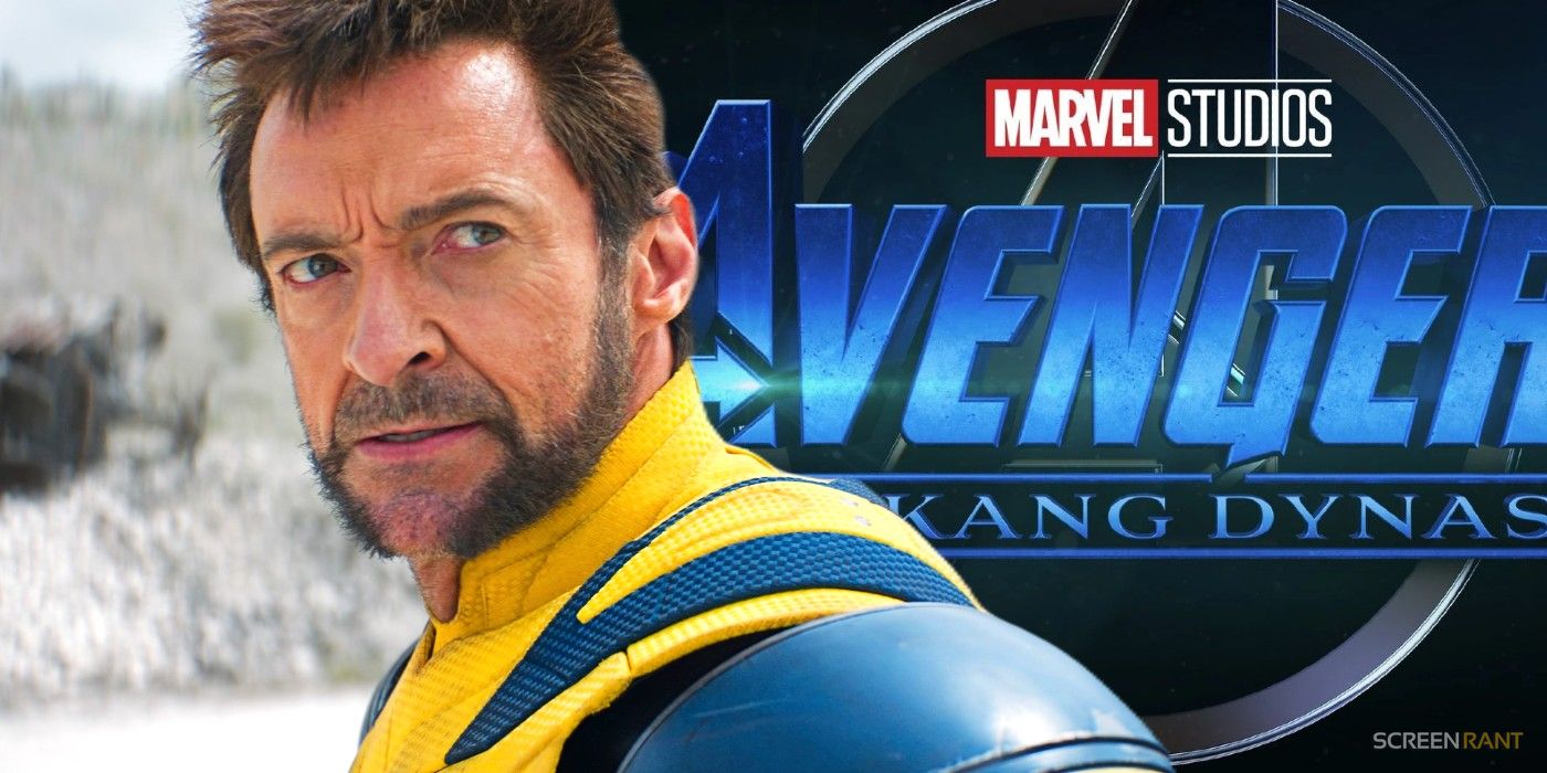 Hugh Jackman's Wolverine unmasked in his classic costume looking angry in the Deadpool & Wolverine trailer and the logo for Avengers: The Kang Dynasty