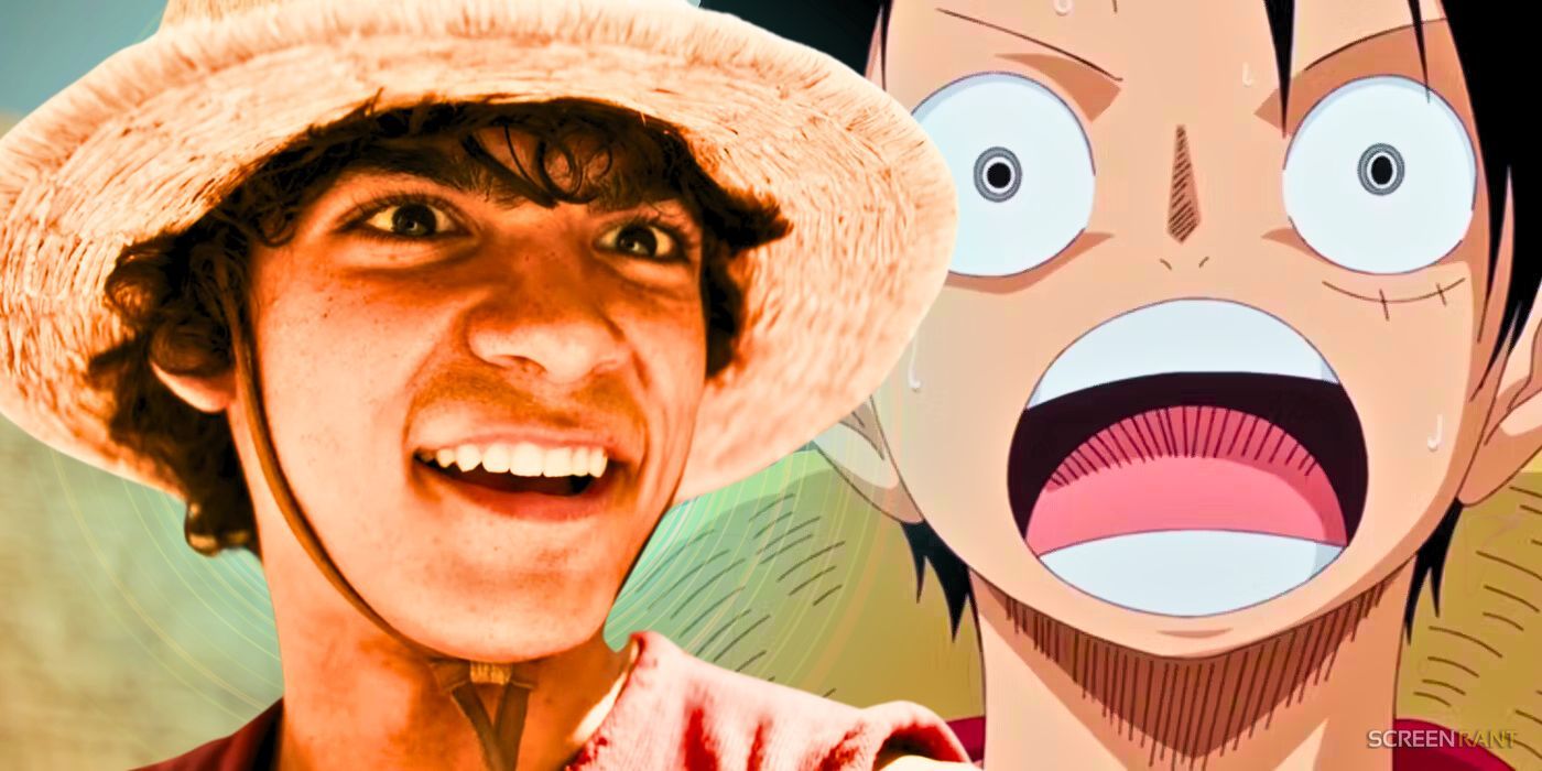 Inaki Godoy as Monkey D Luffy smiling in One Piece and Luffy from the One Piece anime.