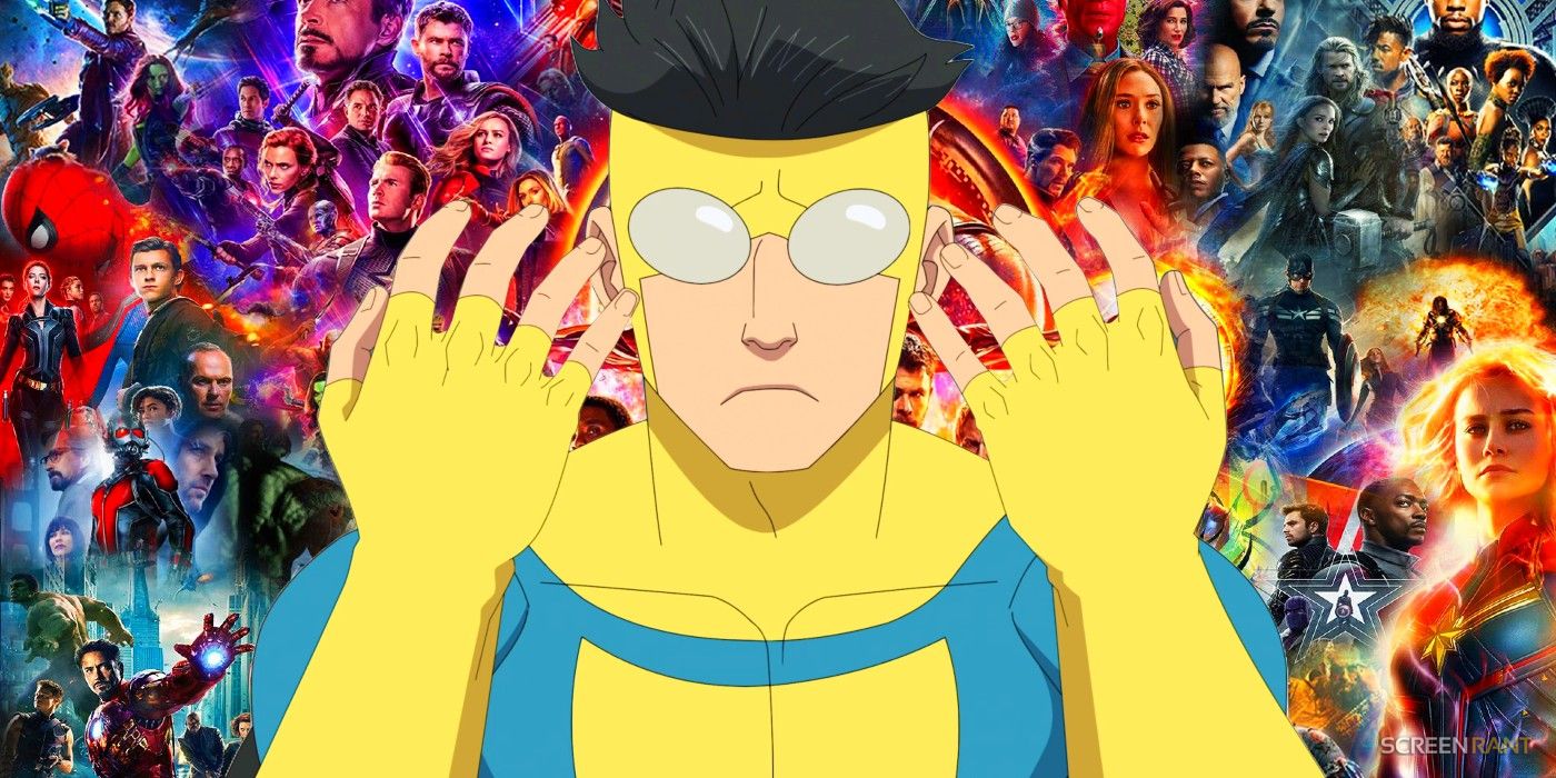 Mark Grayson sad in Invincible season 2 with a Marvel Cinematic Universe poster collage