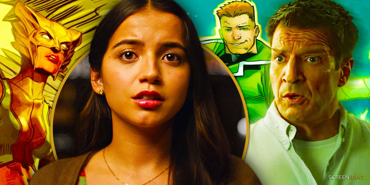Isabela Merced from Turtles All the Way down with Hawkgirl on her left and Nathan Fillion with Guy Gardner Green Lantern behind him.