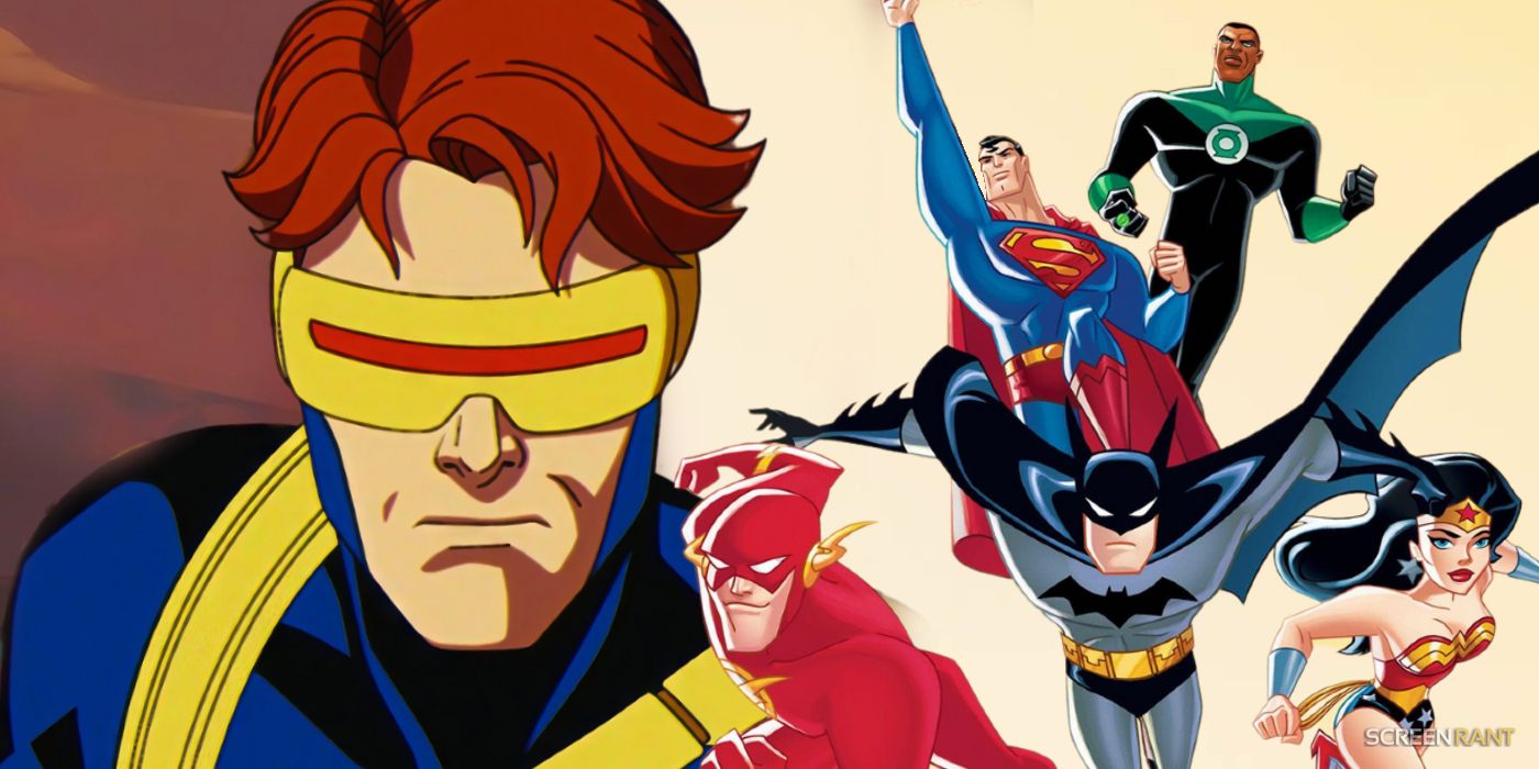 Cyclops from the X-Men '97 TV show with the main characters from Justice League Unlimited on his right.