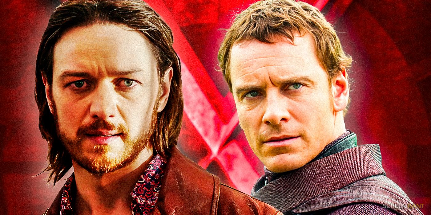 James McAvoy as Professor Charles Xavier and Michael Fassbender as Magneto in Fox's X-Men franchise with the team's logo in red in the background