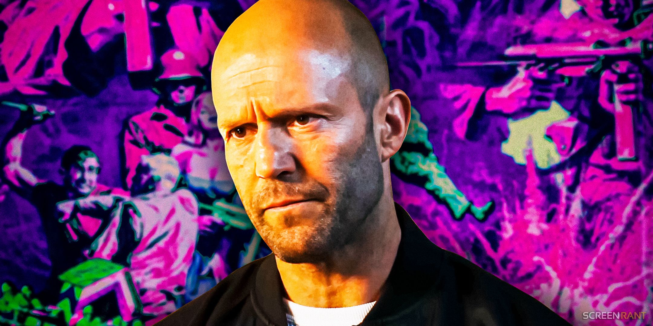 Jason Statham as a scrawling Lee Christmas from Expend4bles against the poster for The Dirty Dozen