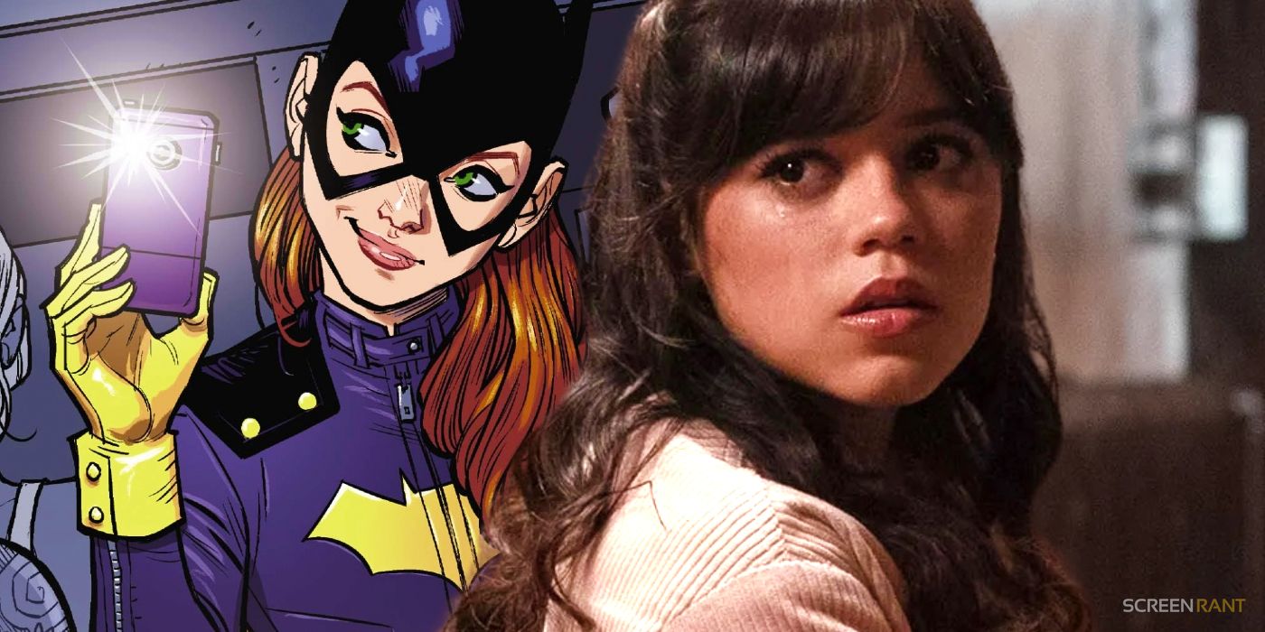 Jenna Ortega looking terrified while Batgirl is on her left taking a selfie of herself