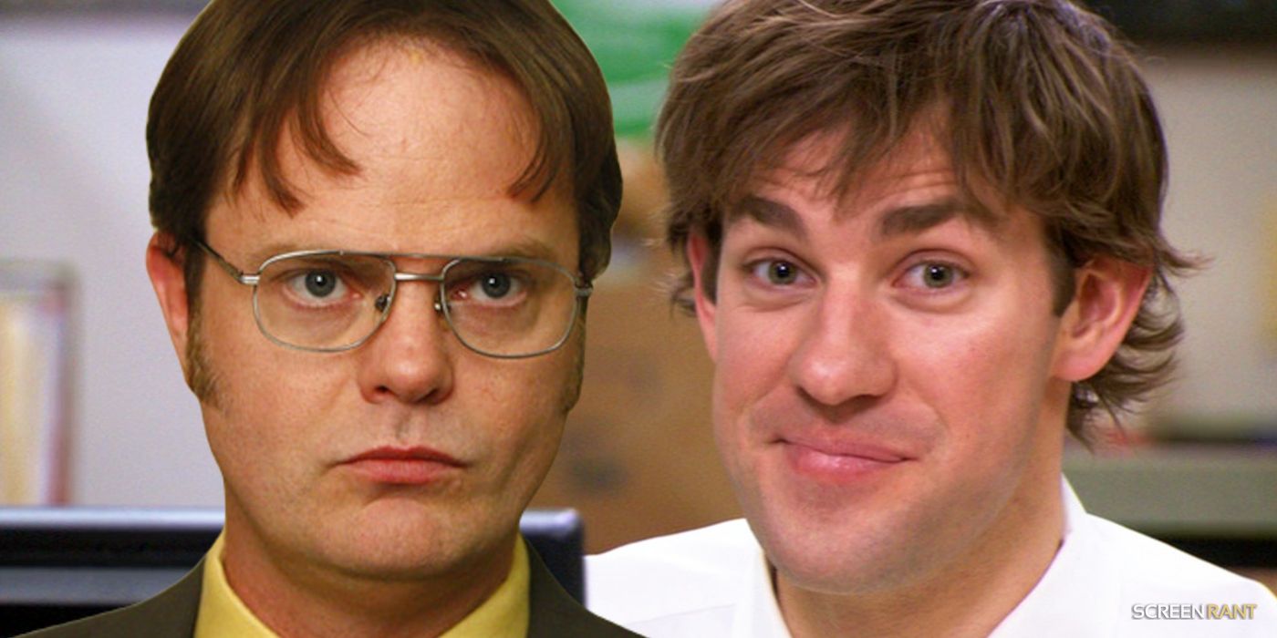 Jim (John Krasinski) from The Office seated behind computer with smug expression while Dwight (Rainn Wilson) looks annoyed