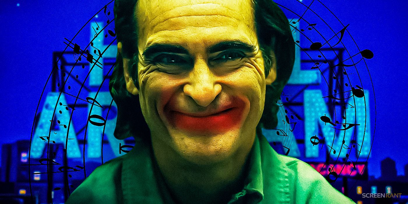 Joaquin Phoenix as Arthur Fleck from Joker: Folie à Deux in front of Arkham with musical notes around him