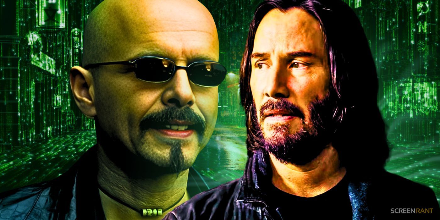 Joe Pantoliano as Cypher in The Matrix and Keanu Reeves as Neo in The Matrix Resurrections.