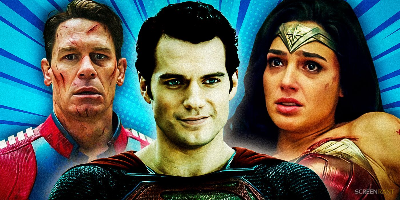 John Cena As Peacemaker All Cut Up, Henry Cavill In Superman Suit Smirking And Gal Gadot As Wonder Woman Looking Defeated