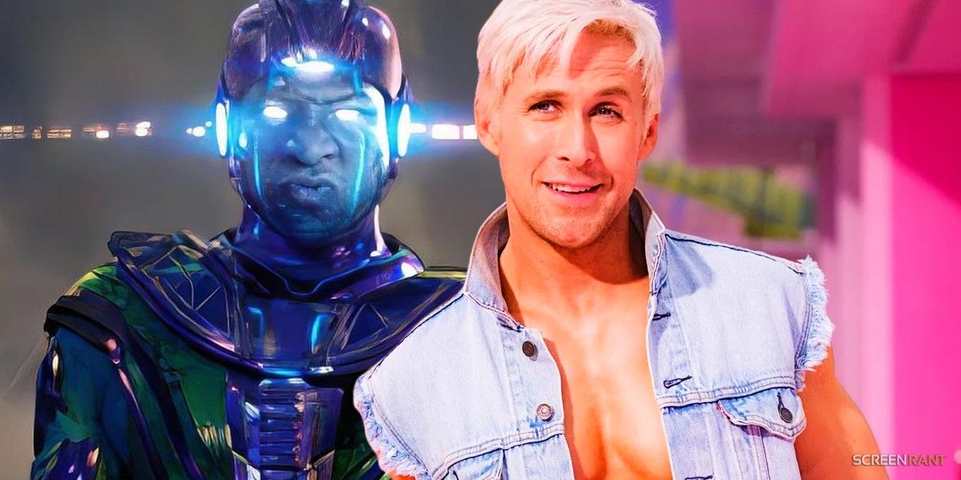 Jonathan Majors as Kang the Conqueror in Ant-Man and the Wasp: Quantumania and Ryan Gosling smiling as Ken in Barbie