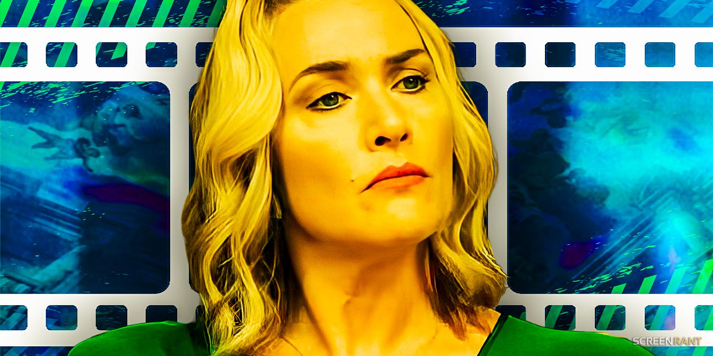 Kate Winslet as Chancellor Elena Vernham looking intense from The Regime against a film sprocket background