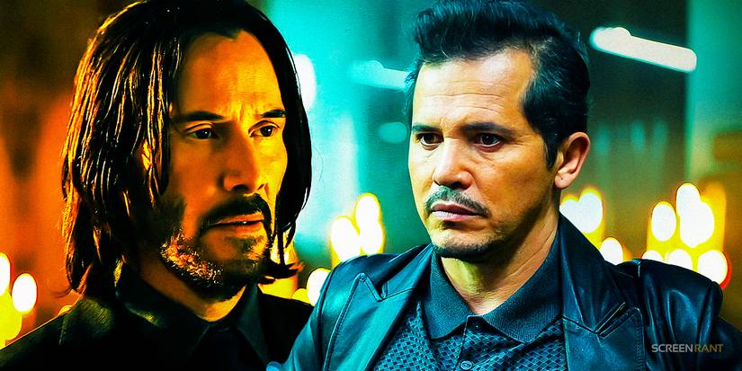 Keanu Reeves as Wick looking intense in John Wick Chapter 4 and John Leguizamo's Aurelio from the original John Wick