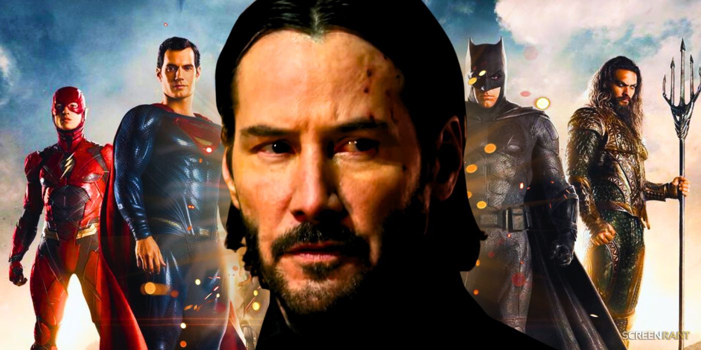 Keanu Reeves as John Wick in front of the DCEU's Justice League cast