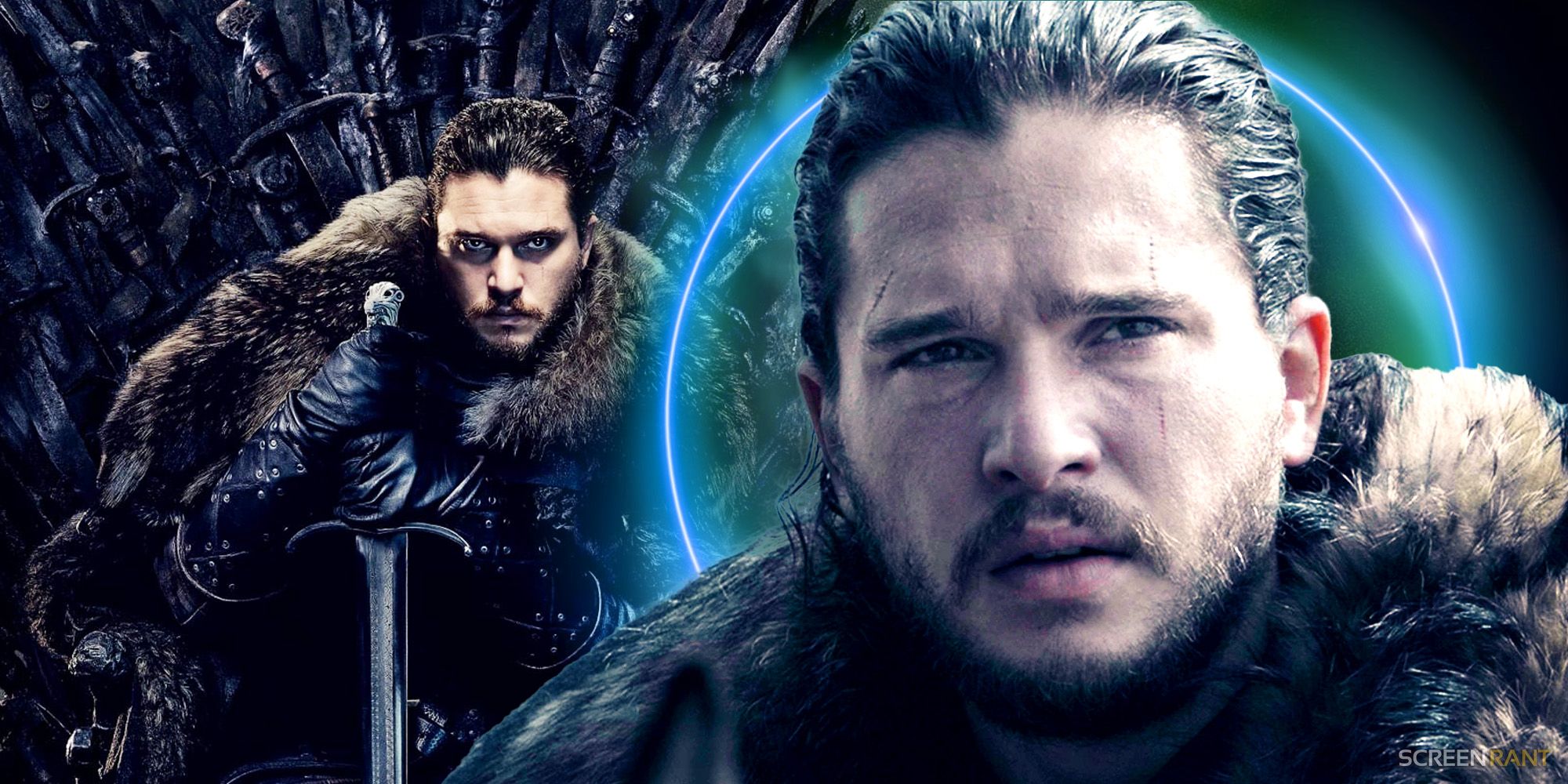 Kit Harington as Jon Snow in Game of Thrones, including sitting on the Iron Throne