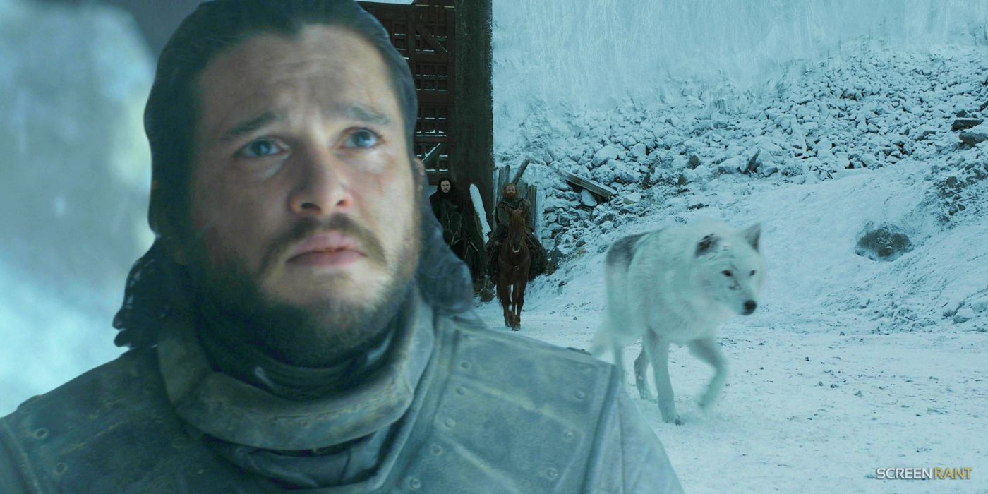 Kit Harington looking sad as Jon Snow in Game of Thrones season 8, with Jon, Tormund, and Ghost going beyond the Wall