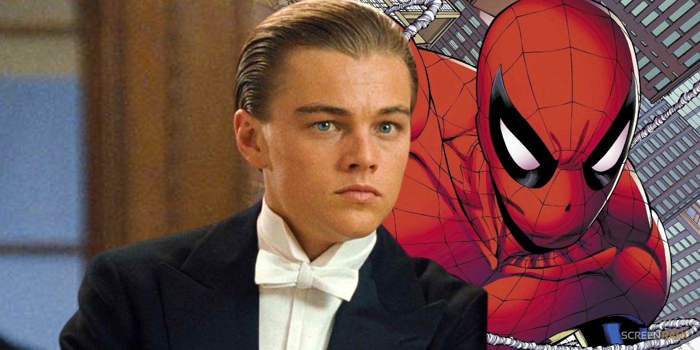 Leonardo DiCaprio in James Cameron's Titanic with Spider-Man swinging on his right