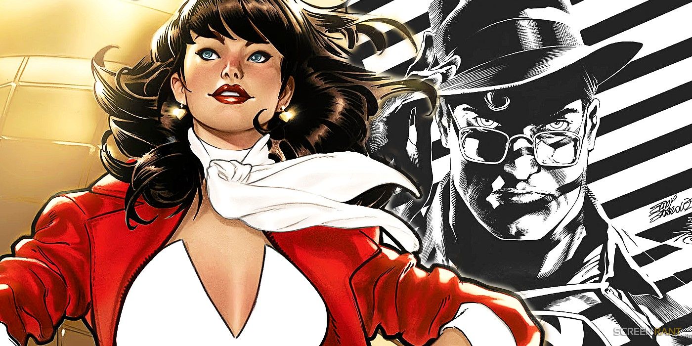 Comic book art: Lois Lane wearing a red coat and Superman wearing his Clark Kent glasses in black and white.