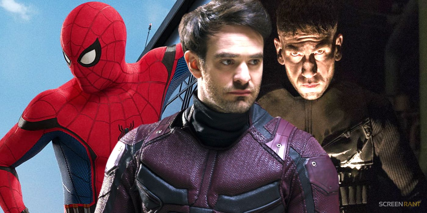 Tom Holland as Peter Parker in Spider-Man: Homecoming on a wall, with Charlie Cox's Daredevil in the middle and Jon Bernthal's Punisher on his left