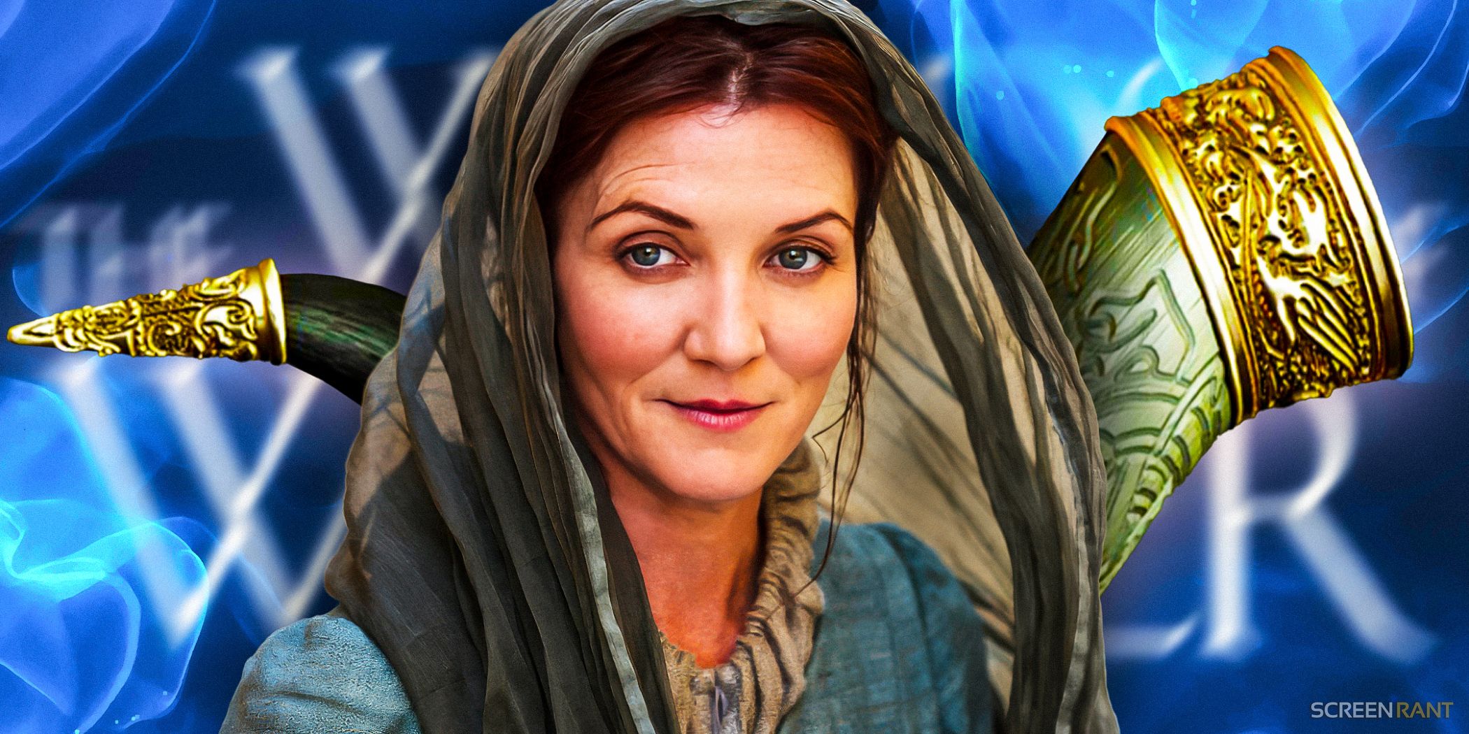 Michelle Fairley as Catelyn Stark, head covered by a scarf and with a horn in the background, in Game of Thrones