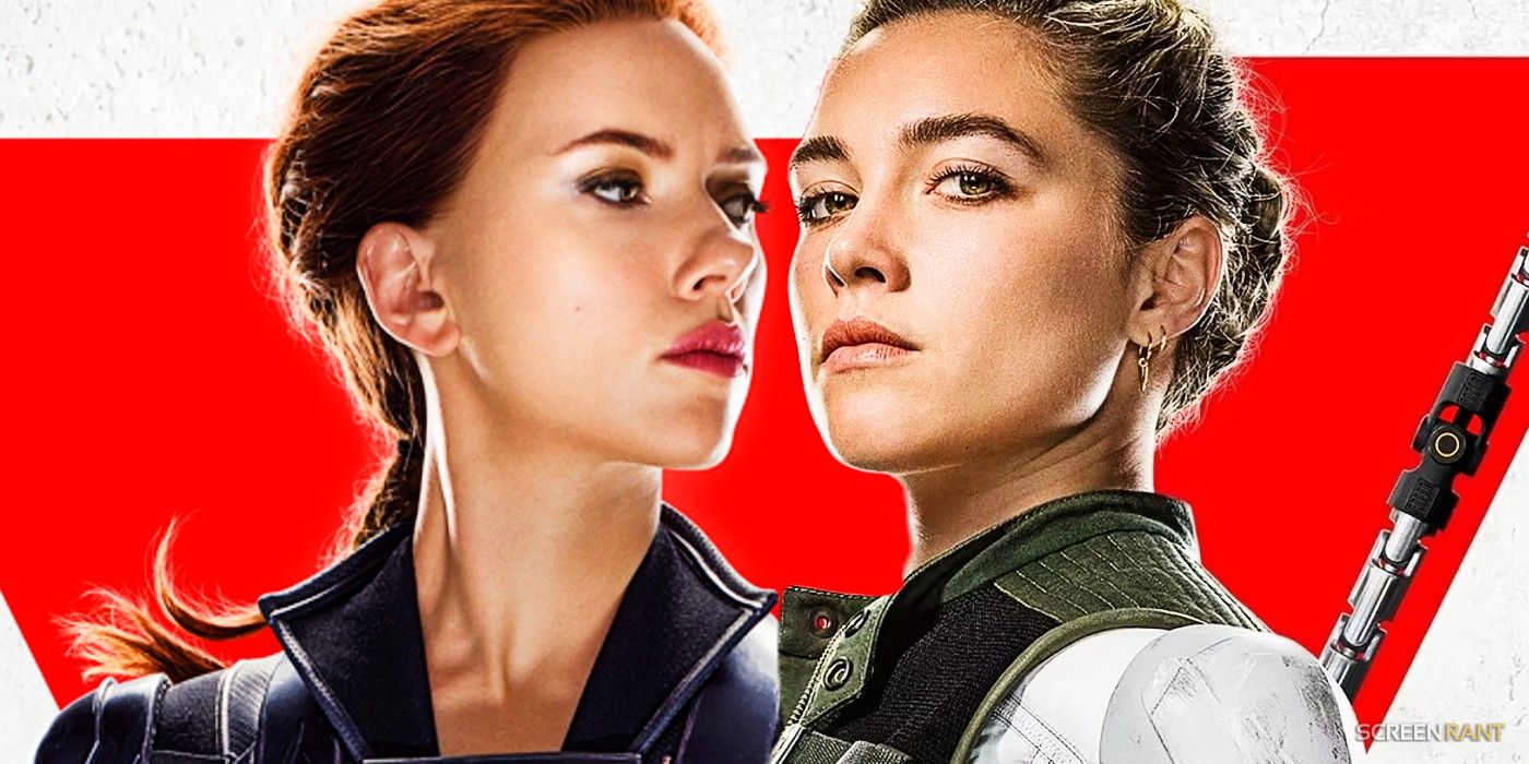 Montage of Black Widow posters for Scarlett Johansson's Black Widow and Florence Pugh's Yelena Belova
