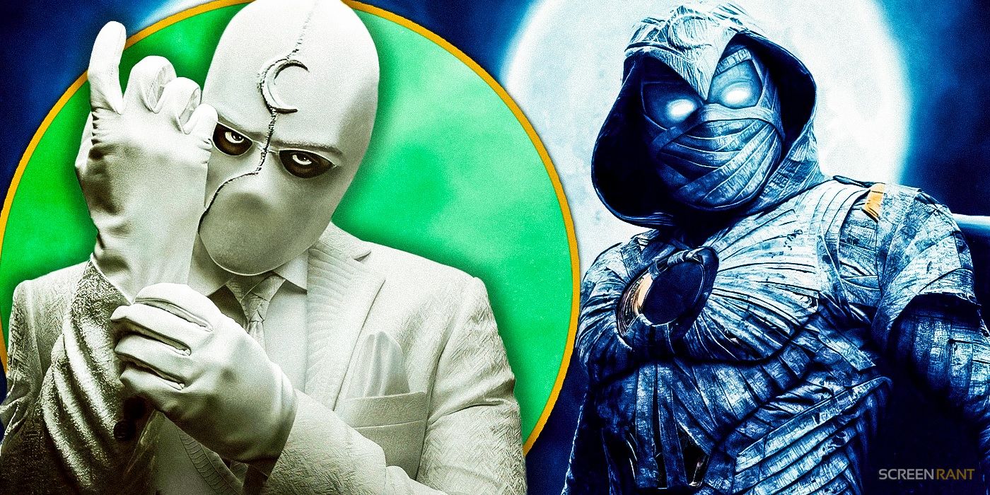 Oscar Isaac as Mr. Knight on the left and as Moon Knight on the right.