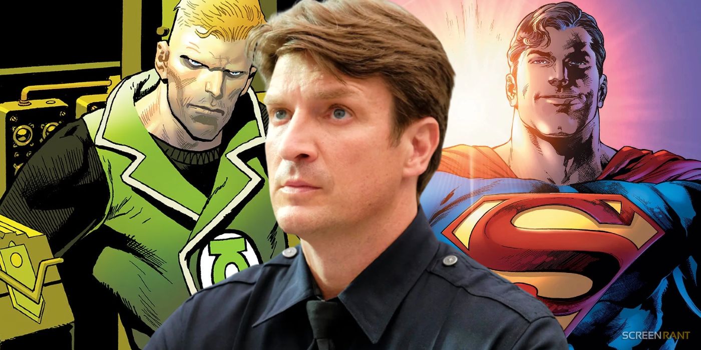 Nathan Fillion from The Rookie with Guy Gardner/Green Lantern on his left while Superman is on his right