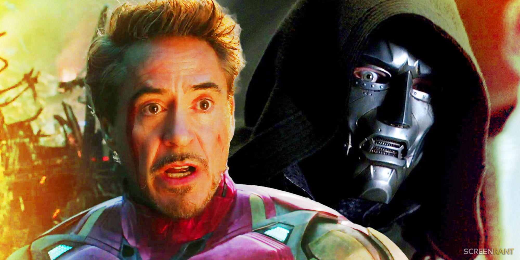 RDJ unmasked in the Iron Man armor from Avengers: Endgame and Doctor Doom from 2005's Fantastic Four movie