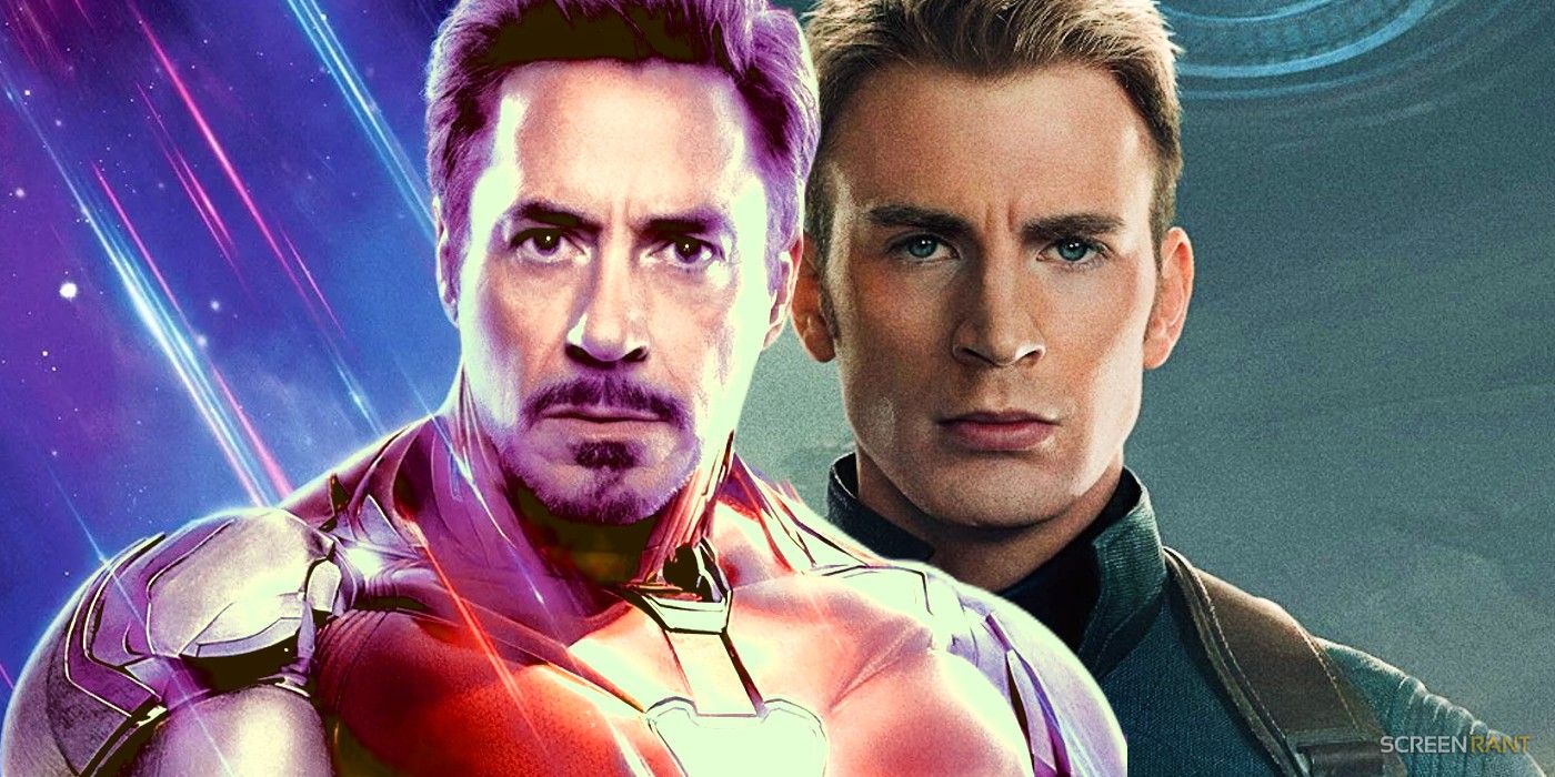 Robert Downey Jr. as Iron Man in Avengers: Endgame and Chris Evans as Captain America in Captain America: The Winter Soldier