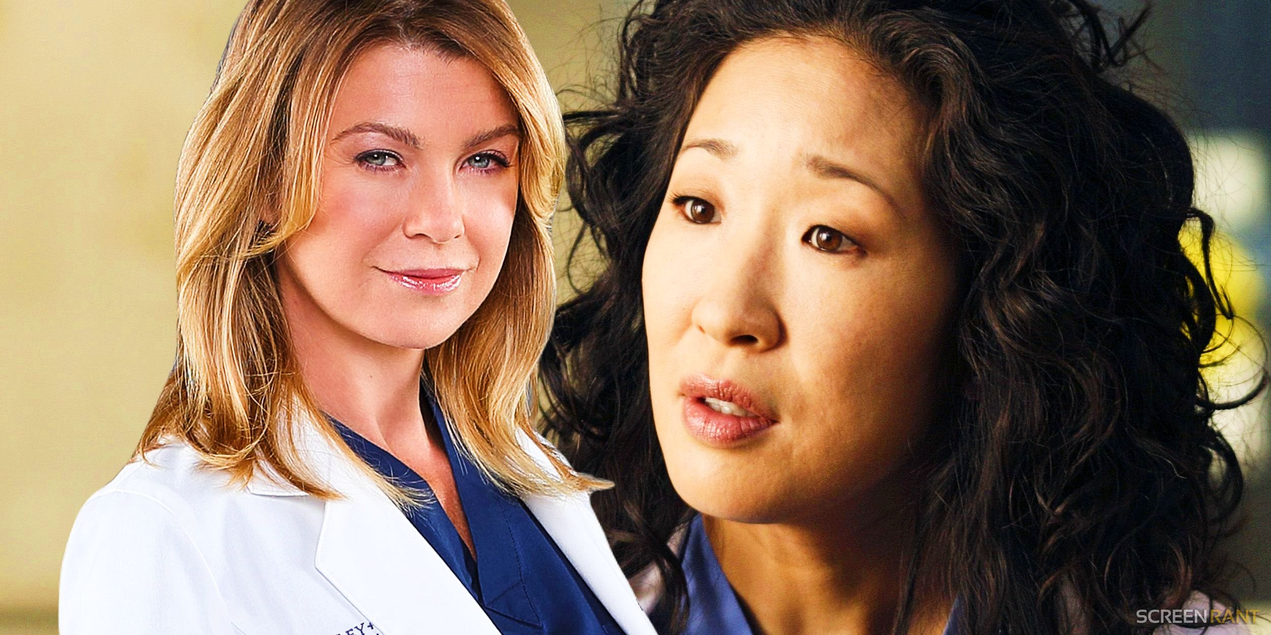 Sandra Oh's Cristina Yang looking worried next to Ellen Pompeo's Meredith Grey who is wearing a lab coat with slight smile in Grey's Anatomy