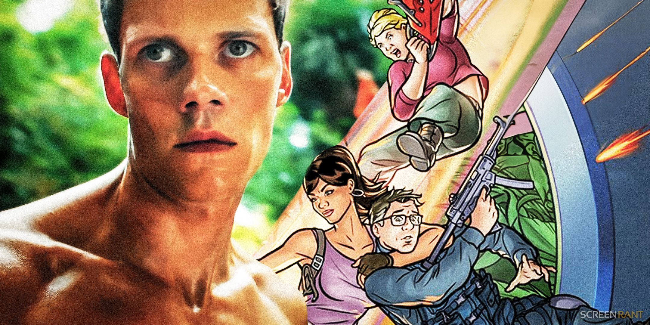 A shirtless Bill- karsgård in Boy Kills World and the cast of FX's Archer