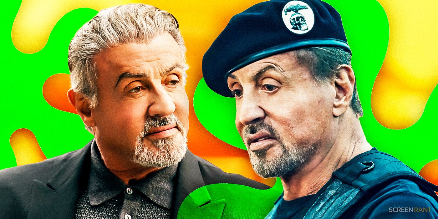 Sylvester Stallone from Tulsa King and as Barney Ross from Expendables 4, with green Rotten Tomatoes splats in the background