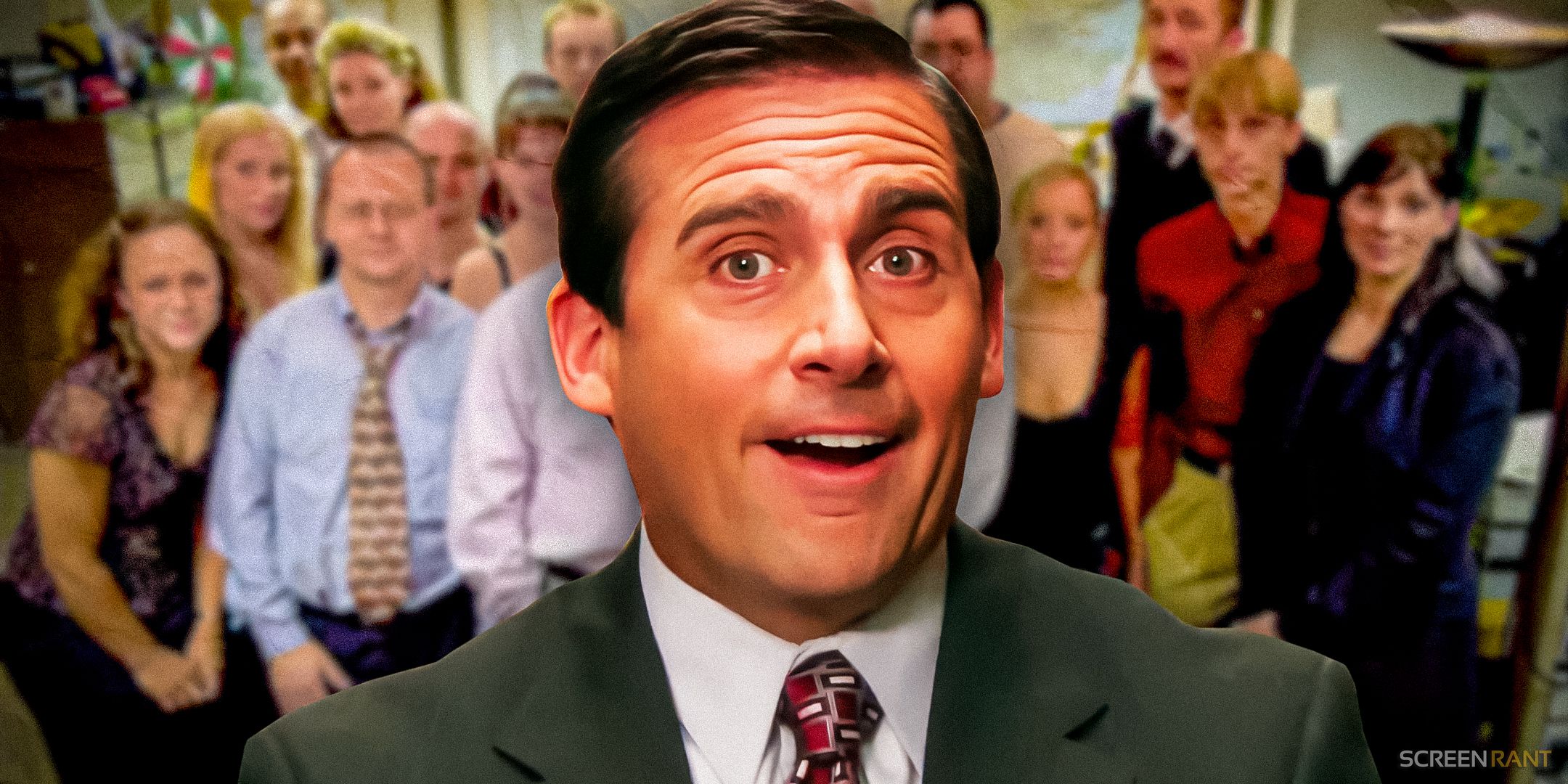 Steve Carell as Michael Scott from The Office in front of UK cast