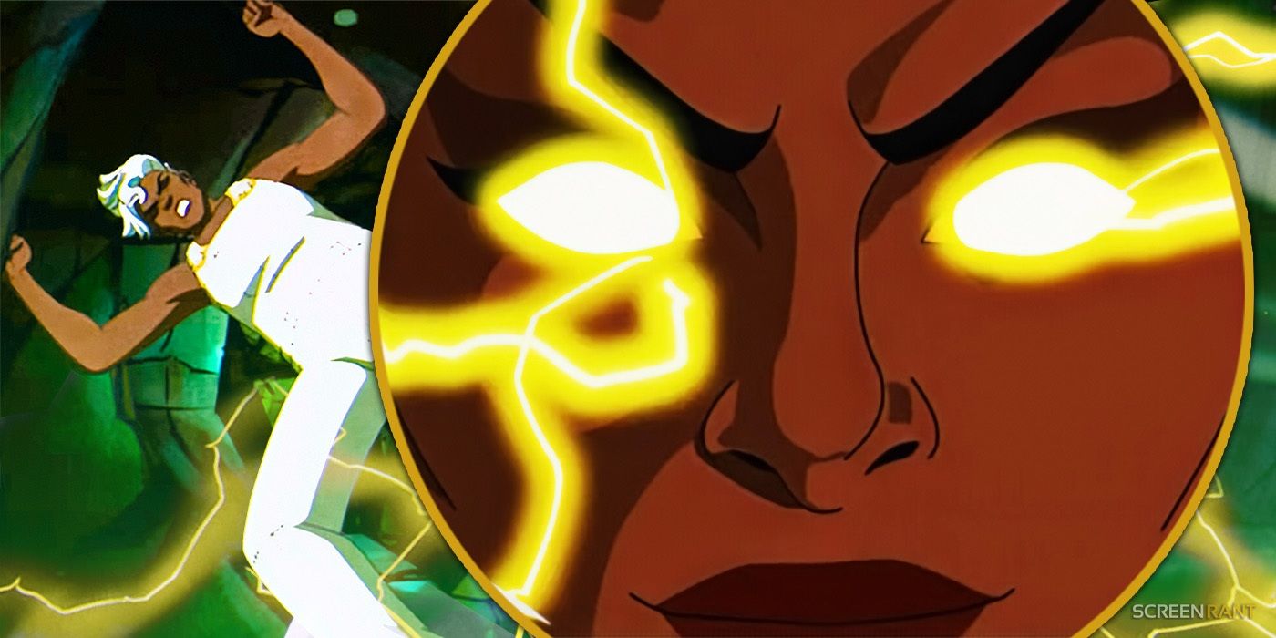 Storm's mutant powers glowing in her eyes while struggling in another episode