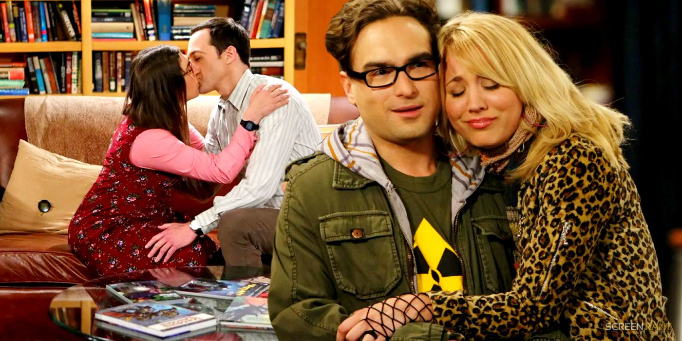 Amy and Sheldon kissing next to Penny hugging Leonard in The Big Bang Theory