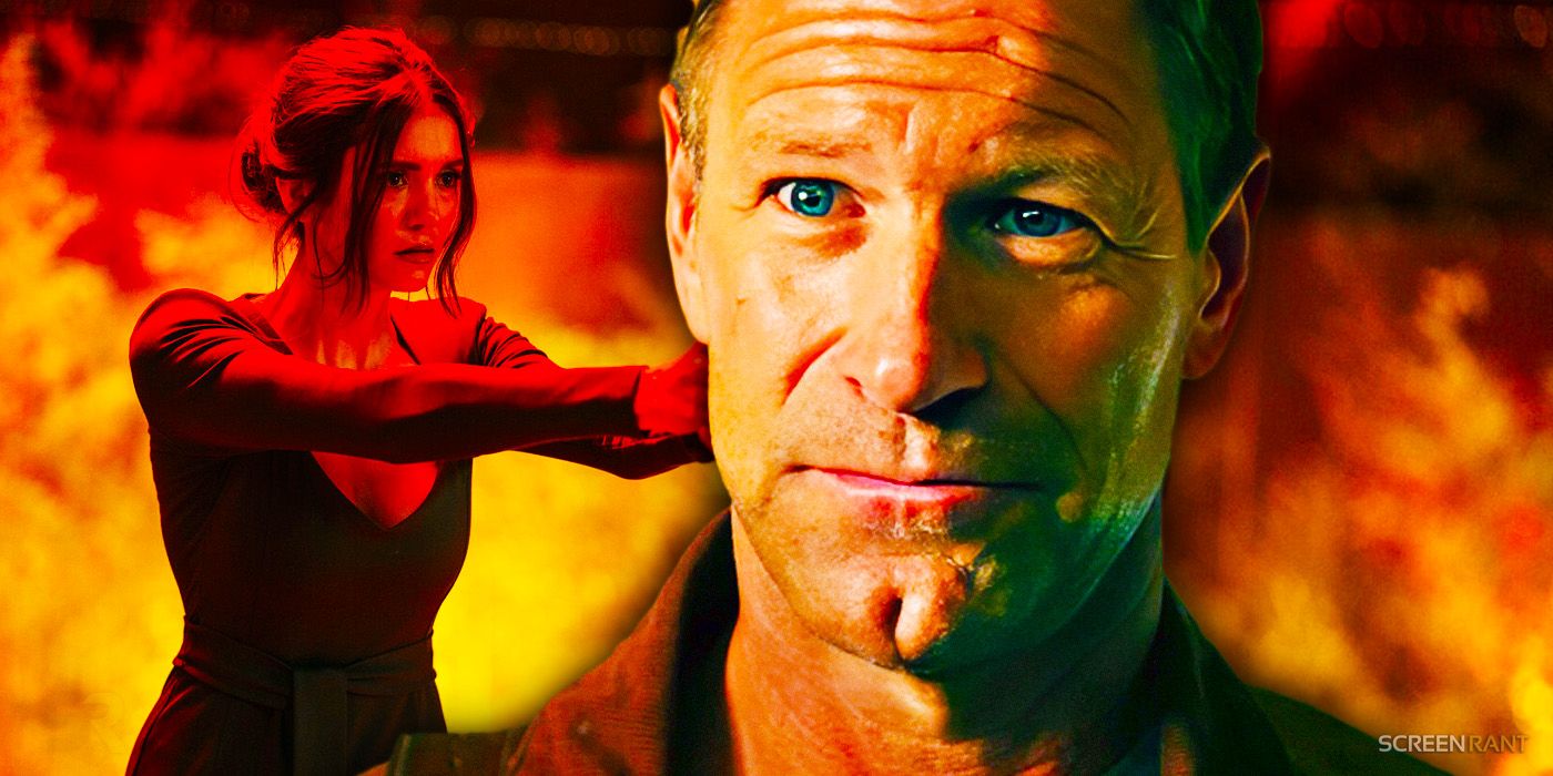 Aaron Eckhart as Steve Vail with Nina Dobrev's Kate holding a gun in The Bricklayer