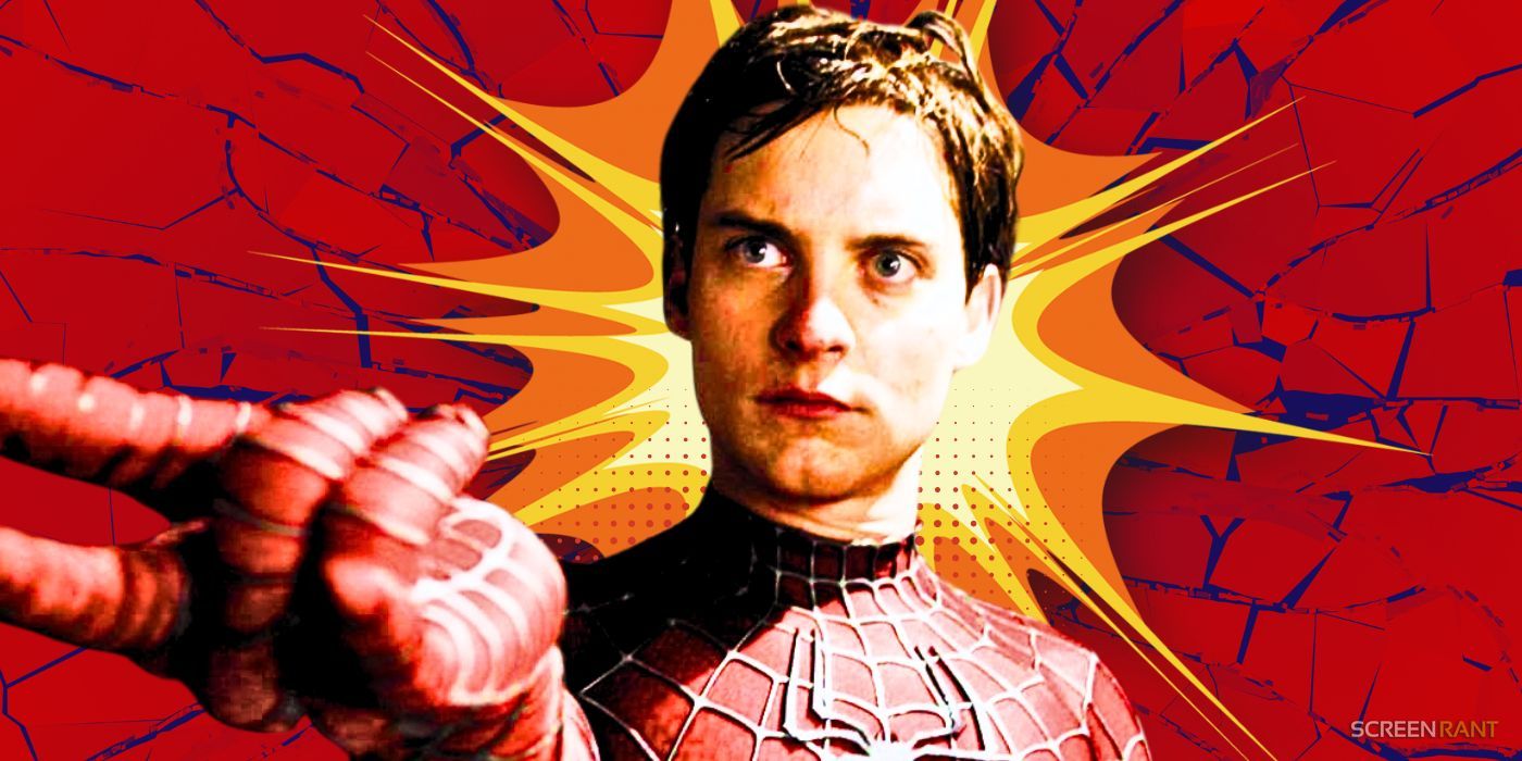Tobey Maguire as Spider-Man with comic book effects in the background