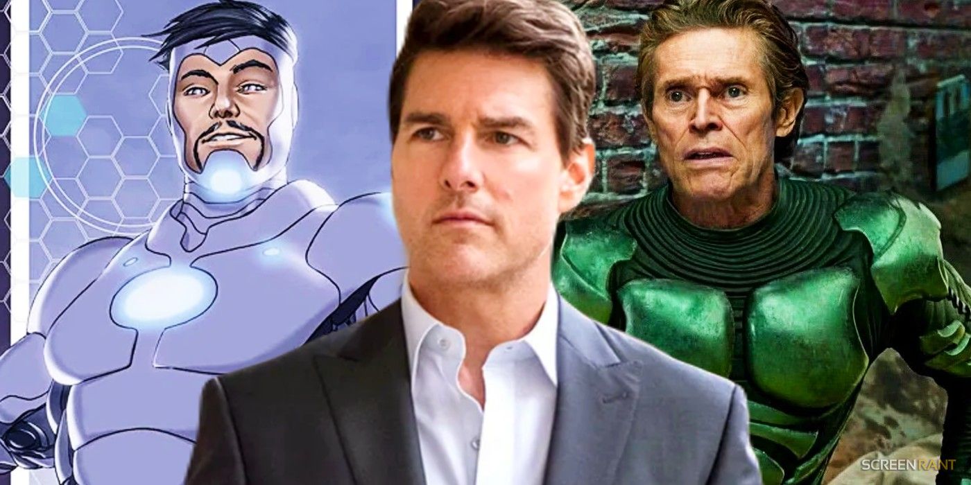 Tom Cruise in Mission Impossible Fallout with Superior Iron Man from Marvel Comics and Willen Dafoe's Green Goblin from Spider-Man No Way Home at each side